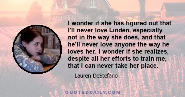 I wonder if she has figured out that I'll never love Linden, especially not in the way she does, and that he'll never love anyone the way he loves her. I wonder if she realizes, despite all her efforts to train me, that 