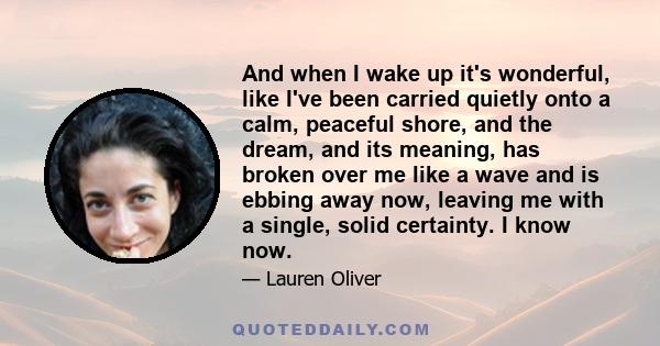 And when I wake up it's wonderful, like I've been carried quietly onto a calm, peaceful shore, and the dream, and its meaning, has broken over me like a wave and is ebbing away now, leaving me with a single, solid