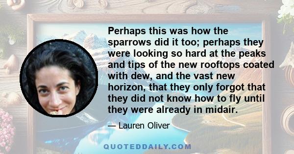 Perhaps this was how the sparrows did it too; perhaps they were looking so hard at the peaks and tips of the new rooftops coated with dew, and the vast new horizon, that they only forgot that they did not know how to