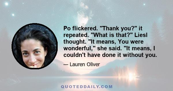 Po flickered. Thank you? it repeated. What is that? Liesl thought. It means, You were wonderful, she said. It means, I couldn't have done it without you.