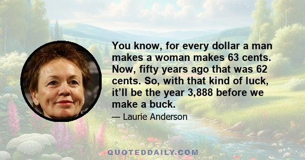 You know, for every dollar a man makes a woman makes 63 cents. Now, fifty years ago that was 62 cents. So, with that kind of luck, it’ll be the year 3,888 before we make a buck.