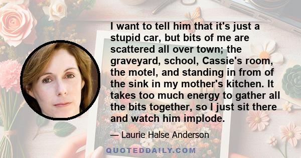 I want to tell him that it's just a stupid car, but bits of me are scattered all over town; the graveyard, school, Cassie's room, the motel, and standing in from of the sink in my mother's kitchen. It takes too much