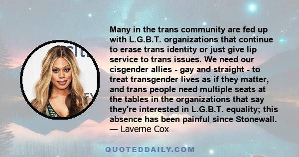 Many in the trans community are fed up with L.G.B.T. organizations that continue to erase trans identity or just give lip service to trans issues. We need our cisgender allies - gay and straight - to treat transgender