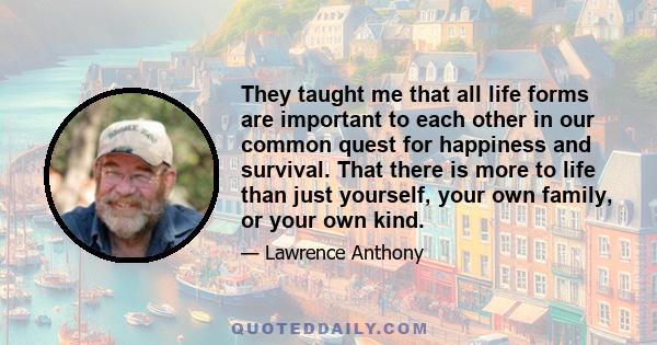 They taught me that all life forms are important to each other in our common quest for happiness and survival. That there is more to life than just yourself, your own family, or your own kind.