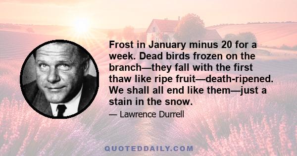 Frost in January minus 20 for a week. Dead birds frozen on the branch—they fall with the first thaw like ripe fruit—death-ripened. We shall all end like them—just a stain in the snow.