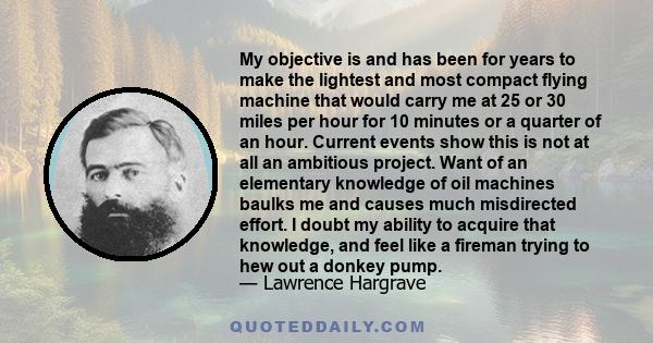 My objective is and has been for years to make the lightest and most compact flying machine that would carry me at 25 or 30 miles per hour for 10 minutes or a quarter of an hour. Current events show this is not at all