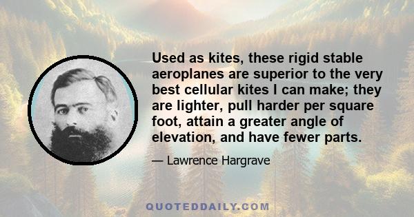 Used as kites, these rigid stable aeroplanes are superior to the very best cellular kites I can make; they are lighter, pull harder per square foot, attain a greater angle of elevation, and have fewer parts.