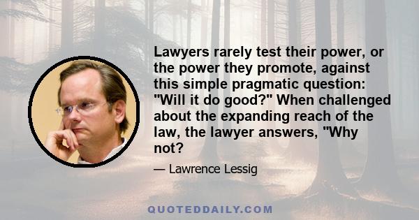 Lawyers rarely test their power, or the power they promote, against this simple pragmatic question: Will it do good? When challenged about the expanding reach of the law, the lawyer answers, Why not?