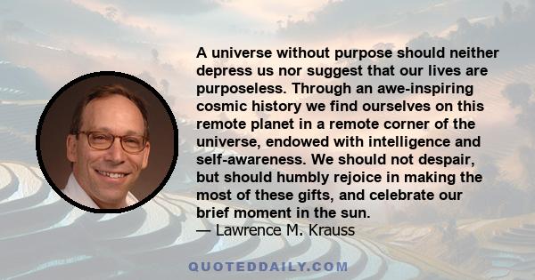 A universe without purpose should neither depress us nor suggest that our lives are purposeless. Through an awe-inspiring cosmic history we find ourselves on this remote planet in a remote corner of the universe,