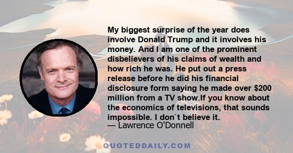 My biggest surprise of the year does involve Donald Trump and it involves his money. And I am one of the prominent disbelievers of his claims of wealth and how rich he was. He put out a press release before he did his