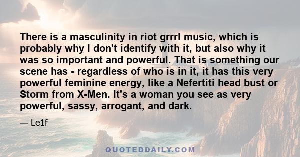 There is a masculinity in riot grrrl music, which is probably why I don't identify with it, but also why it was so important and powerful. That is something our scene has - regardless of who is in it, it has this very