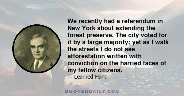 We recently had a referendum in New York about extending the forest preserve. The city voted for it by a large majority; yet as I walk the streets I do not see afforestation written with conviction on the harried faces