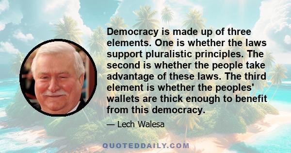 Democracy is made up of three elements. One is whether the laws support pluralistic principles. The second is whether the people take advantage of these laws. The third element is whether the peoples' wallets are thick