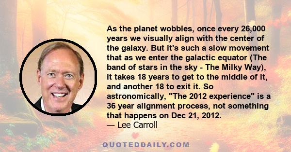 As the planet wobbles, once every 26,000 years we visually align with the center of the galaxy. But it's such a slow movement that as we enter the galactic equator (The band of stars in the sky - The Milky Way), it