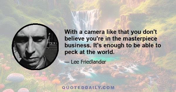 With a camera like that you don't believe you're in the masterpiece business. It's enough to be able to peck at the world.