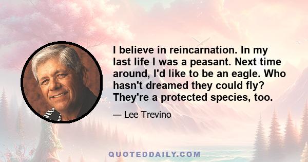 I believe in reincarnation. In my last life I was a peasant. Next time around, I'd like to be an eagle. Who hasn't dreamed they could fly? They're a protected species, too.