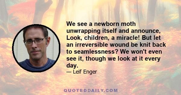 We see a newborn moth unwrapping itself and announce, Look, children, a miracle! But let an irreversible wound be knit back to seamlessness? We won't even see it, though we look at it every day.