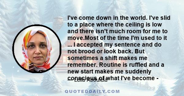 I've come down in the world. I've slid to a place where the ceiling is low and there isn't much room for me to move.Most of the time I'm used to it ... I accepted my sentence and do not brood or look back. But sometimes 