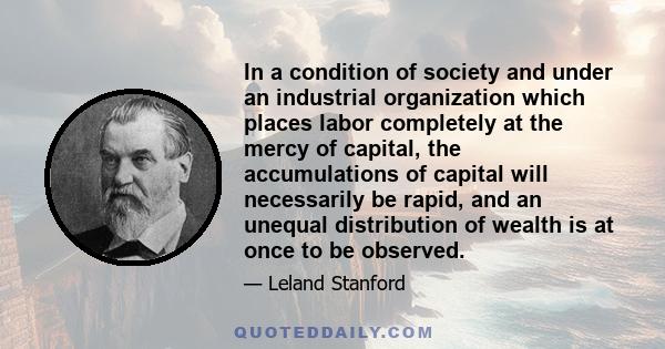 In a condition of society and under an industrial organization which places labor completely at the mercy of capital, the accumulations of capital will necessarily be rapid, and an unequal distribution of wealth is at