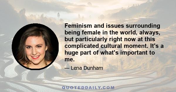 Feminism and issues surrounding being female in the world, always, but particularly right now at this complicated cultural moment. It's a huge part of what's important to me.