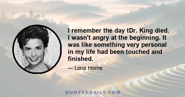 I remember the day tDr. King died. I wasn't angry at the beginning. It was like something very personal in my life had been touched and finished.