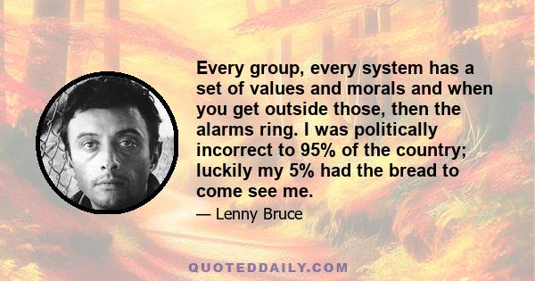 Every group, every system has a set of values and morals and when you get outside those, then the alarms ring. I was politically incorrect to 95% of the country; luckily my 5% had the bread to come see me.