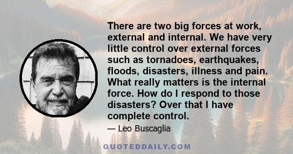 There are two big forces at work, external and internal. We have very little control over external forces such as tornadoes, earthquakes, floods, disasters, illness and pain. What really matters is the internal force.