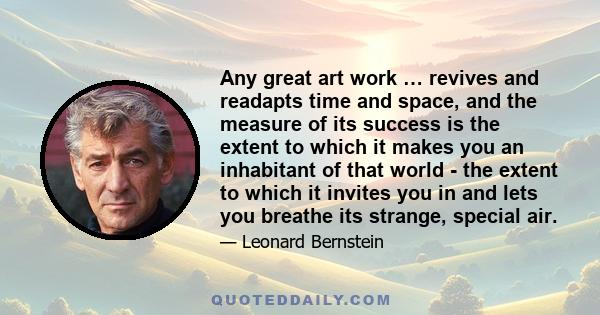 Any great art work … revives and readapts time and space, and the measure of its success is the extent to which it makes you an inhabitant of that world - the extent to which it invites you in and lets you breathe its