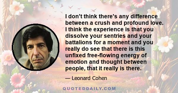 I don't think there's any difference between a crush and profound love. I think the experience is that you dissolve your sentries and your battalions for a moment and you really do see that there is this unfixed