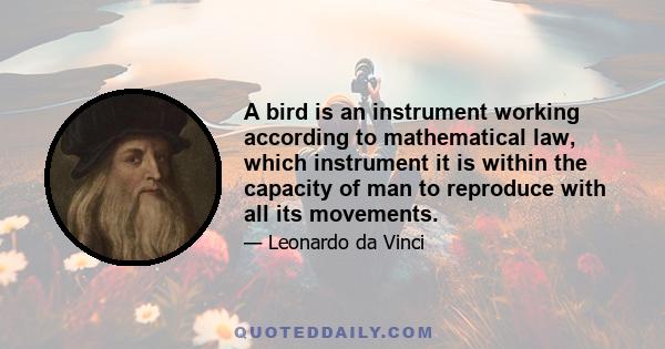 A bird is an instrument working according to mathematical law, which instrument it is within the capacity of man to reproduce with all its movements.