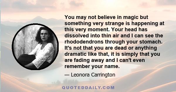 You may not believe in magic but something very strange is happening at this very moment. Your head has dissolved into thin air and I can see the rhododendrons through your stomach. It's not that you are dead or