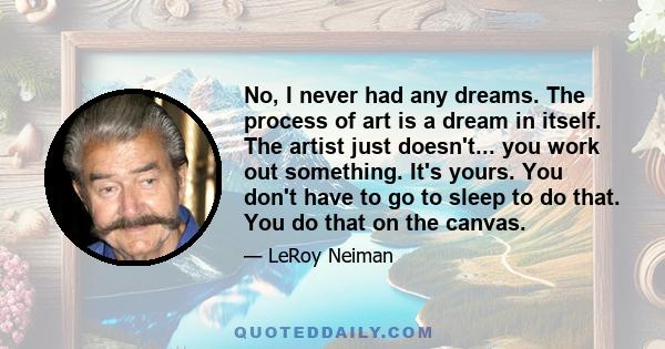 No, I never had any dreams. The process of art is a dream in itself. The artist just doesn't... you work out something. It's yours. You don't have to go to sleep to do that. You do that on the canvas.