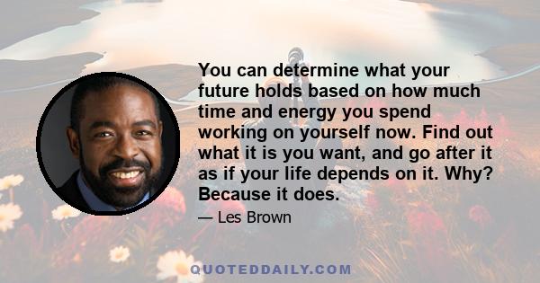 You can determine what your future holds based on how much time and energy you spend working on yourself now. Find out what it is you want, and go after it as if your life depends on it. Why? Because it does.