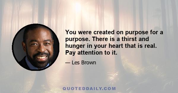 You were created on purpose for a purpose. There is a thirst and hunger in your heart that is real. Pay attention to it.