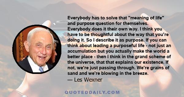 Everybody has to solve that meaning of life and purpose question for themselves. Everybody does it their own way. I think you have to be thoughtful about the way that you're doing it. So I describe it as purpose. If you 