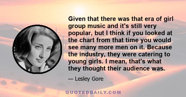 Given that there was that era of girl group music and it's still very popular, but I think if you looked at the chart from that time you would see many more men on it. Because the industry, they were catering to young