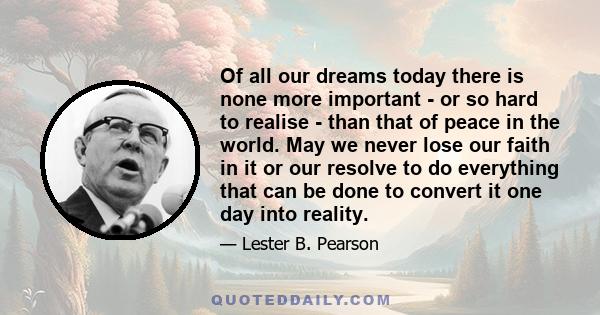 Of all our dreams today there is none more important - or so hard to realise - than that of peace in the world. May we never lose our faith in it or our resolve to do everything that can be done to convert it one day