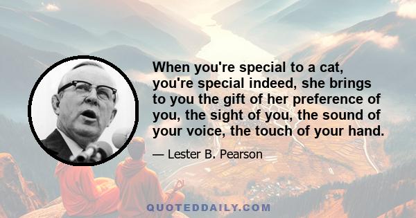 When you're special to a cat, you're special indeed, she brings to you the gift of her preference of you, the sight of you, the sound of your voice, the touch of your hand.