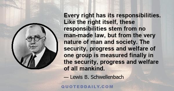 Every right has its responsibilities. Like the right itself, these responsibilities stem from no man-made law, but from the very nature of man and society. The security, progress and welfare of one group is measured