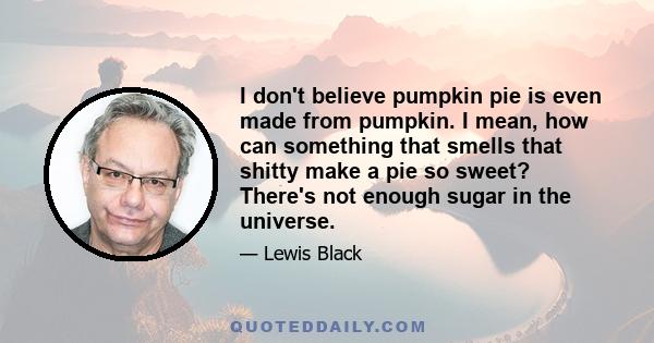 I don't believe pumpkin pie is even made from pumpkin. I mean, how can something that smells that shitty make a pie so sweet? There's not enough sugar in the universe.