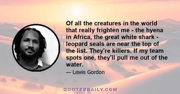 Of all the creatures in the world that really frighten me - the hyena in Africa, the great white shark - leopard seals are near the top of the list. They're killers. If my team spots one, they'll pull me out of the