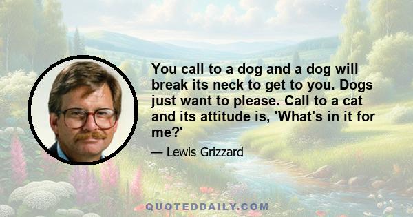 You call to a dog and a dog will break its neck to get to you. Dogs just want to please. Call to a cat and its attitude is, 'What's in it for me?'