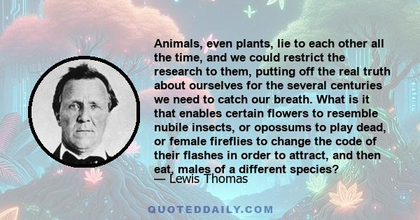 Animals, even plants, lie to each other all the time, and we could restrict the research to them, putting off the real truth about ourselves for the several centuries we need to catch our breath. What is it that enables 