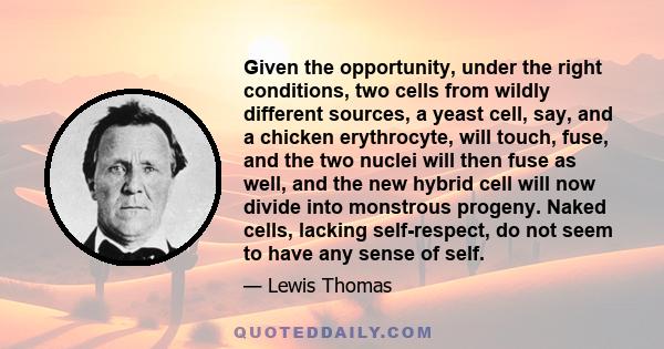 Given the opportunity, under the right conditions, two cells from wildly different sources, a yeast cell, say, and a chicken erythrocyte, will touch, fuse, and the two nuclei will then fuse as well, and the new hybrid