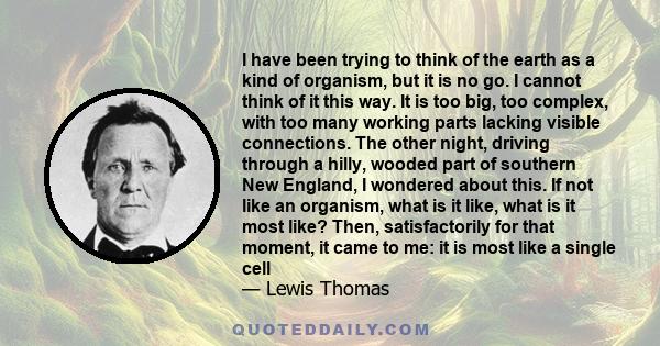 I have been trying to think of the earth as a kind of organism, but it is no go. I cannot think of it this way. It is too big, too complex, with too many working parts lacking visible connections. The other night,