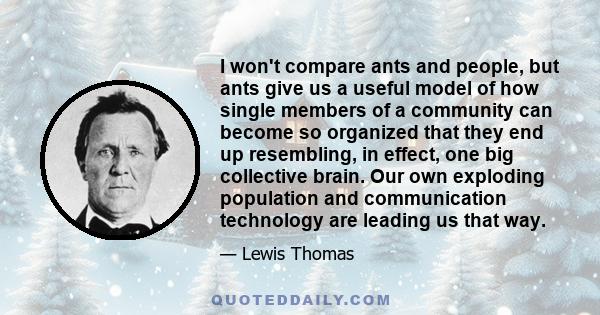 I won't compare ants and people, but ants give us a useful model of how single members of a community can become so organized that they end up resembling, in effect, one big collective brain. Our own exploding