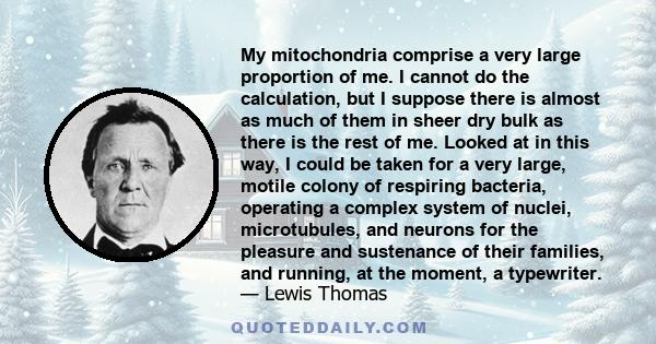 My mitochondria comprise a very large proportion of me. I cannot do the calculation, but I suppose there is almost as much of them in sheer dry bulk as there is the rest of me. Looked at in this way, I could be taken