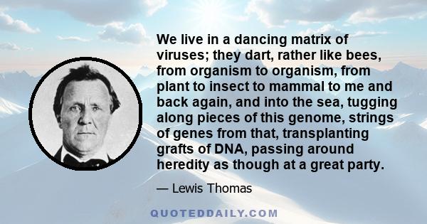 We live in a dancing matrix of viruses; they dart, rather like bees, from organism to organism, from plant to insect to mammal to me and back again, and into the sea, tugging along pieces of this genome, strings of