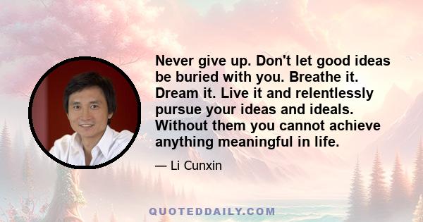 Never give up. Don't let good ideas be buried with you. Breathe it. Dream it. Live it and relentlessly pursue your ideas and ideals. Without them you cannot achieve anything meaningful in life.