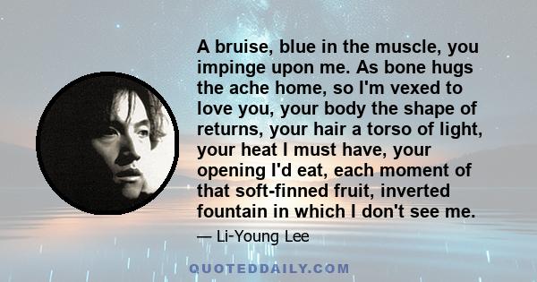 A bruise, blue in the muscle, you impinge upon me. As bone hugs the ache home, so I'm vexed to love you, your body the shape of returns, your hair a torso of light, your heat I must have, your opening I'd eat, each